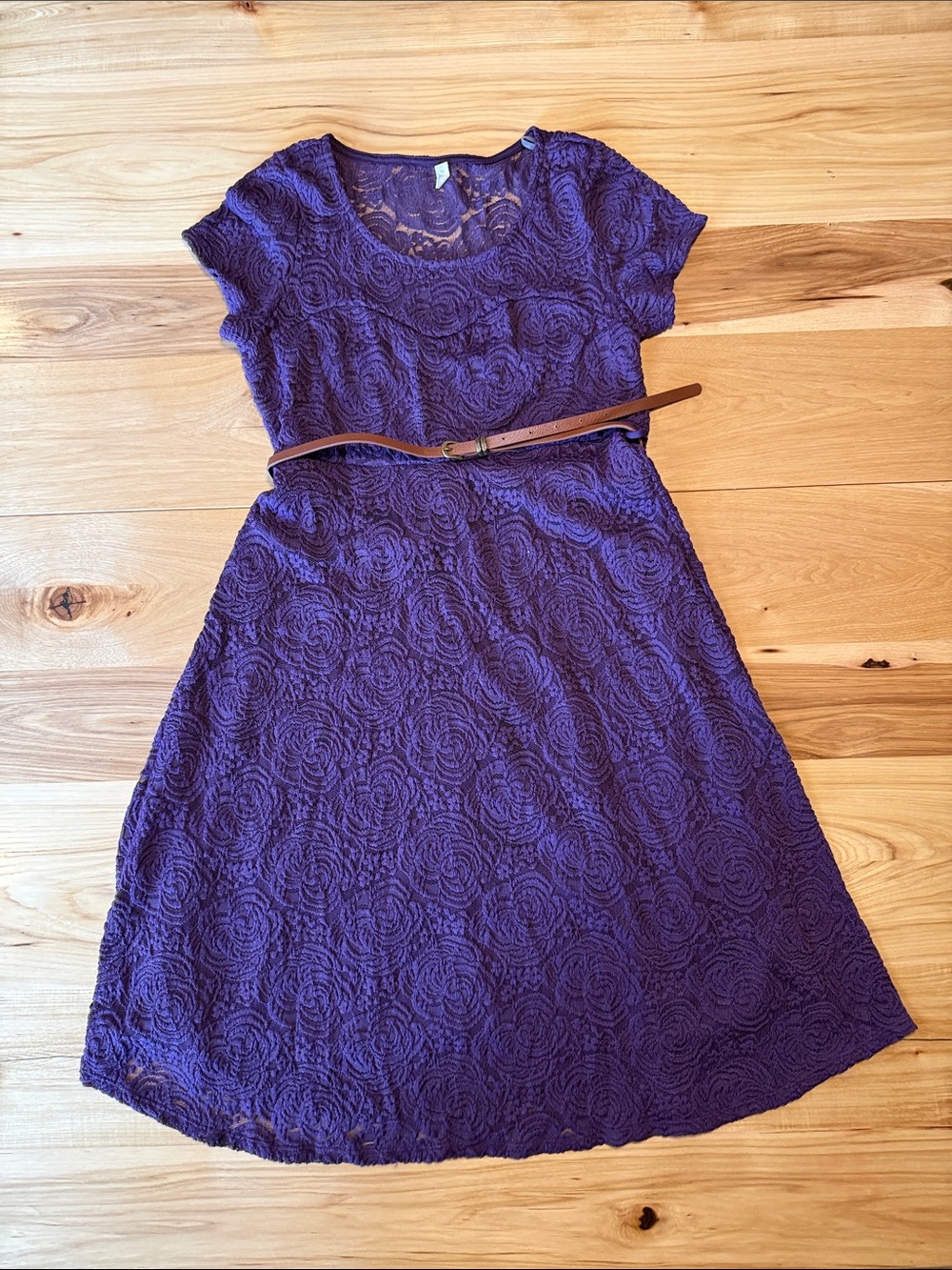 Pinkblush Purple Lace Midi Dress with Brown Belt
